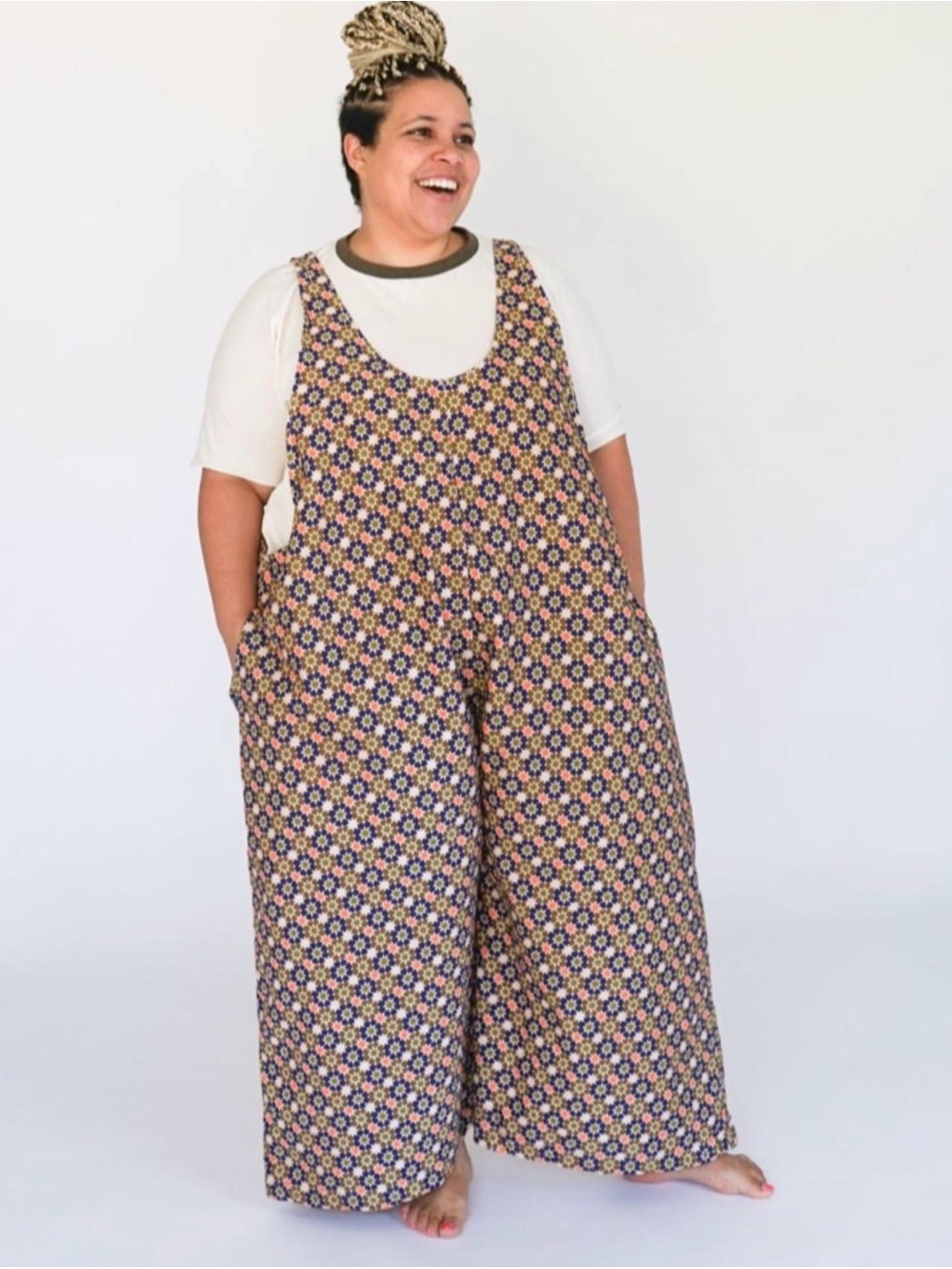 Plus-Size Floral Wide-Leg Jumpsuit - Navy & Mustard Floral